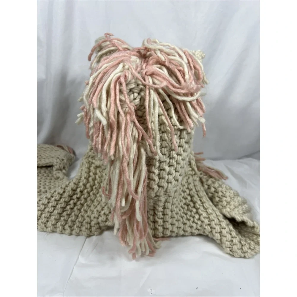 Girl's Crochet Hooded Scarf with‎ Ears/Mane/ Pink/Cream with Pockets